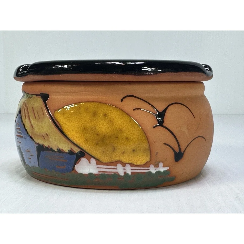 Vintage Terracotta Round 2 Part Ashtray Hand Painted Removable Top
